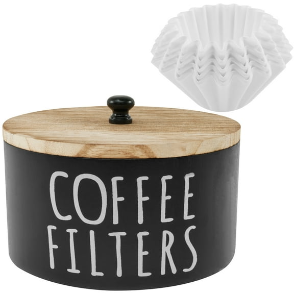Wood Coffee Filter Holder with Lid and 50 Pcs Coffee Filters Round Pod Organizer Large Capacity Tea Bag Organizer for Bar Counter Decor