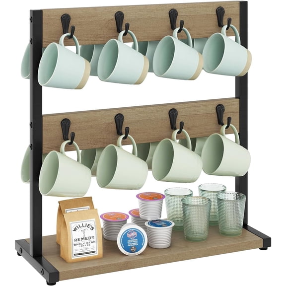 Wood Coffee Mug Holder for Countertop,16 Hook Mug Tree Holder Rack with Storage Base,Mug Display Organizer,Mug Holders for Home Kitchen,Greige