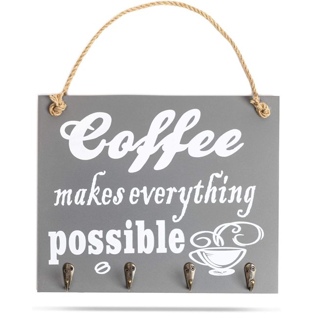 Wood Coffee Sign Kitchen Wall Decor Hanging Sign with Hooks, Coffee