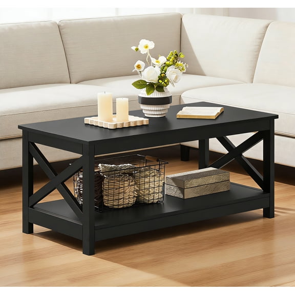 Wood Coffee Table, 2-Tier Storage Shelf, X-Design Metal Frame, Black Finish, Easy Assembly