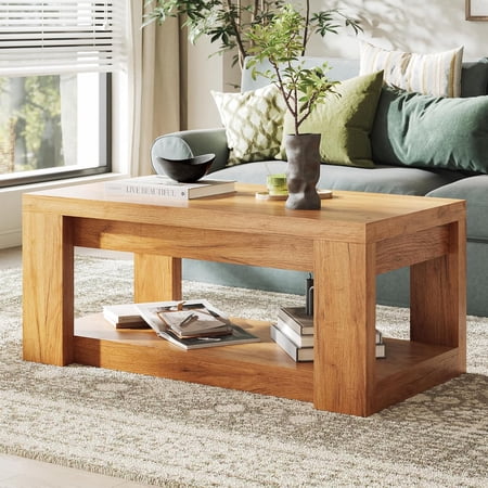 Wood Coffee Table, 47-Inch Rectangle Coffee Tables with Heavy Duty 2-Tier Storage Shelves, Farmhouse Center Table for Living Room, Easy Assembly, Brown