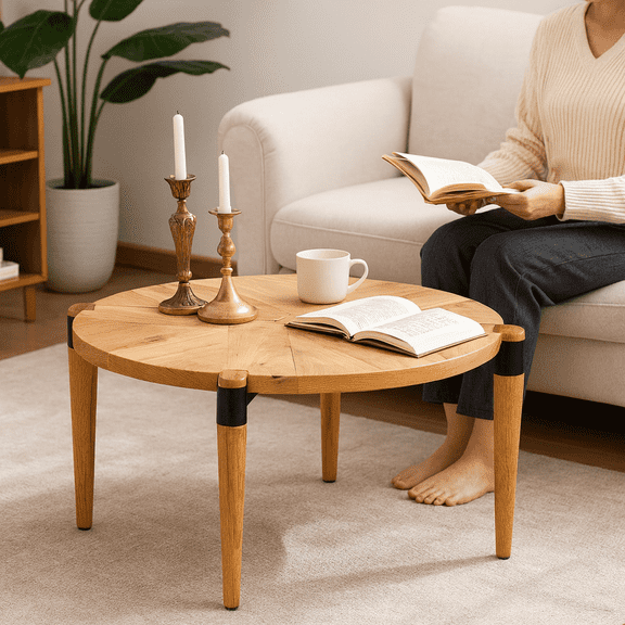 Wood Coffee Table, Farmhouse Rustic Round Living Room Tea Table, Modern Center Table Cocktail Table for Home Office Bedroom