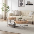 thumbnail image 1 of Wood Coffee Table Round Center Table with Two Drawers Farmhouse Circle Coffee Table Living Room Rustic Cocktail Table with Metal Legs, Easy Assembly, 1 of 9