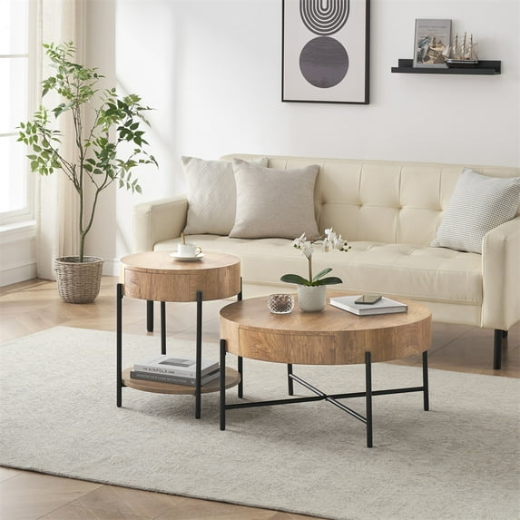 Wood Coffee Table Round Center Table with Two Drawers Farmhouse Circle Coffee Table Living Room Rustic Cocktail Table with Metal Legs, Easy Assembly