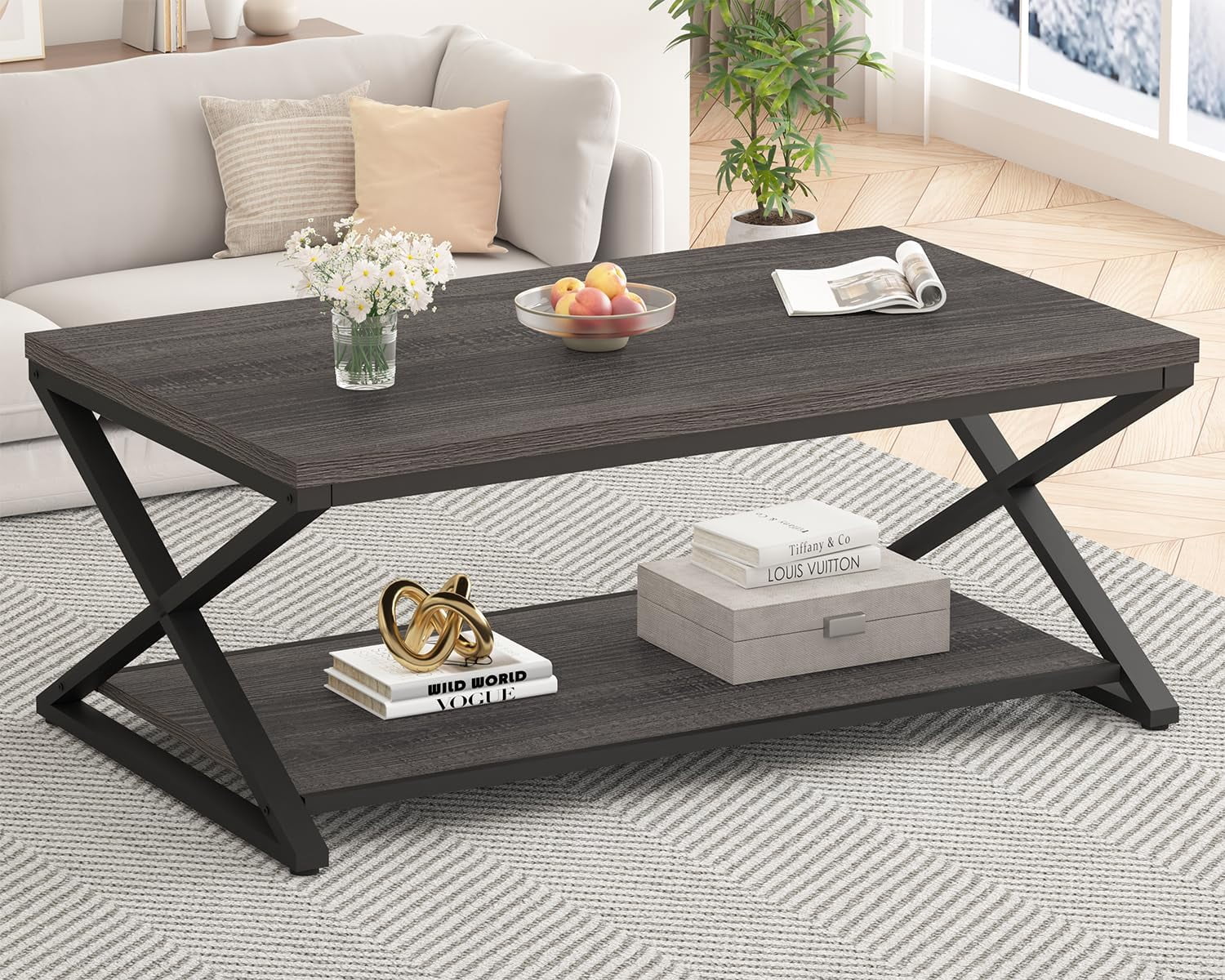 Wood Coffee Table with Storage, Farmhouse Rustic Brown Coffee Table for ...