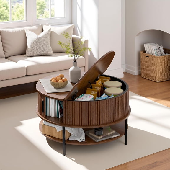 Wood Coffee Table with Storage, 31.5" Round Modern Coffee Table with Flip Top, Fluted Circle Center Table for Living Room Office Apartment