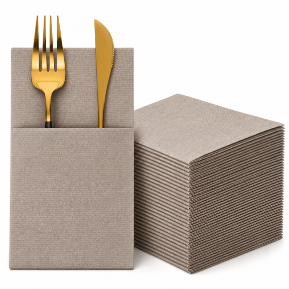 Wood Color 150 Count Paper Napkins with Flatware Pocket