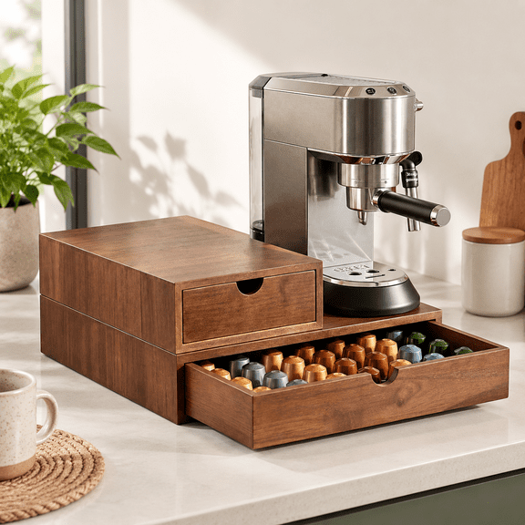 Wood Color Triple Wooden Beverage Pod Holder Drawer Storage Box