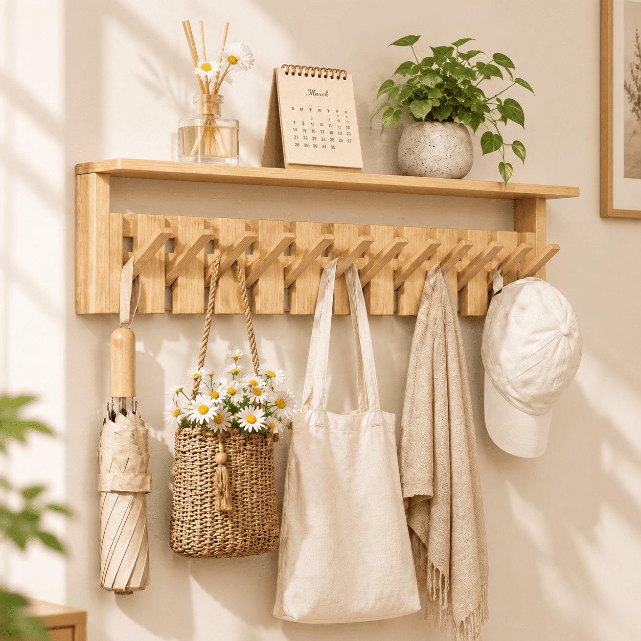 Wood Color Wall Mounted Coat Rack With 12 Foldable Hooks and Top ...