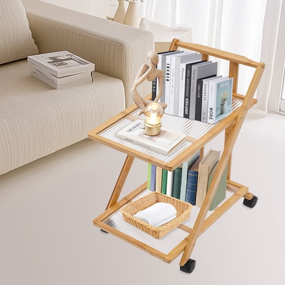 Wood-Colored Bamboo 43x32x57cm Movable Side Shelf 2-Layer Folding Tripod With Wheels