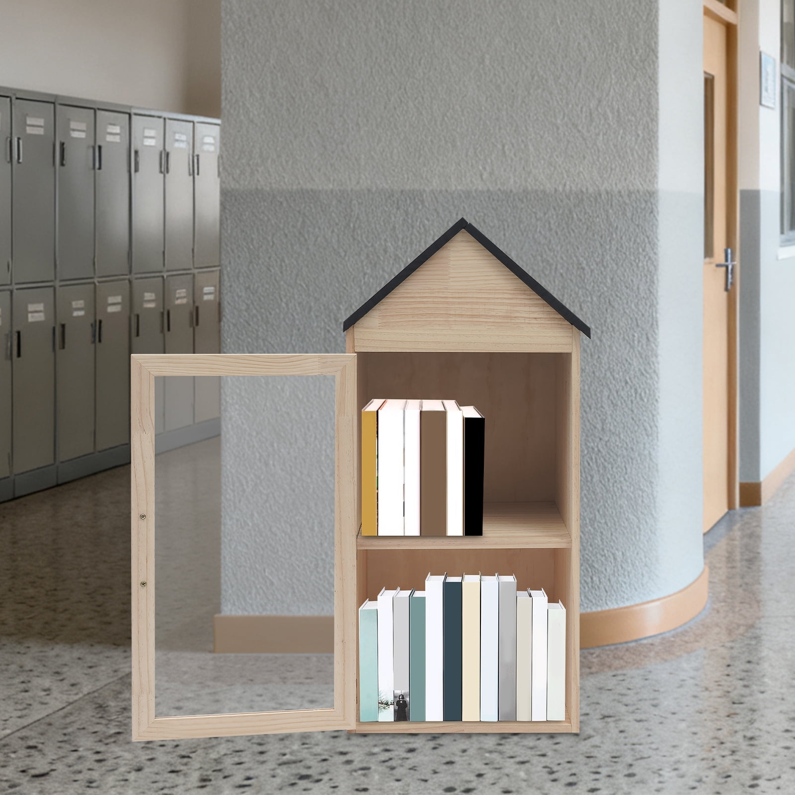 Removable Window Bookcase Wood-Colored Pine Acrylic Bookcase With Transparent Window Locker ...