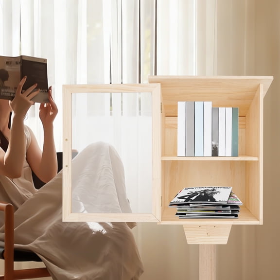 Wood-Colored Pine And Acrylic 38x53.3cm Double Bookcase With Transparent Window And Single Wooden Community Library