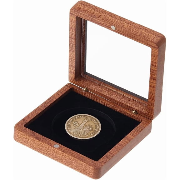 Wood Commemorative Coin Box Square Black 8x8.2x2.75cm for DIY