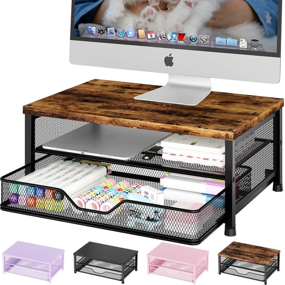 Wood Computer Monitor Stand Riser, Desk Organizer with Drawer, Laptop Stand, Office Desk Accessories & Workspace Desktop Organizers Storage for Office Supplies(Brown)