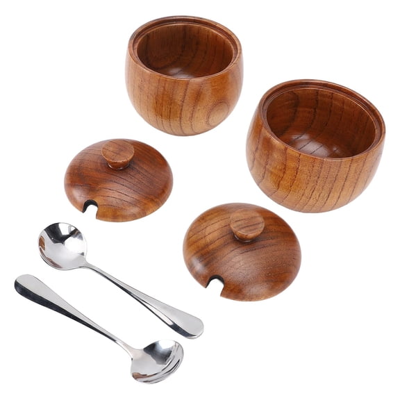 Wood Condiment Canister Jar Salt Box 2 Pack Handcrafted Wooden Container with Lid and Spoon for Kitchen Seasoning Storage
