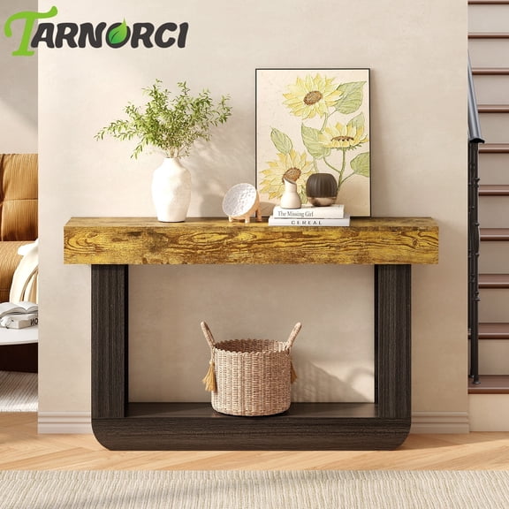 Wood Console Table 2 Tier Narrow Entryway End Sofa Table w/Storage U-shaped Base
