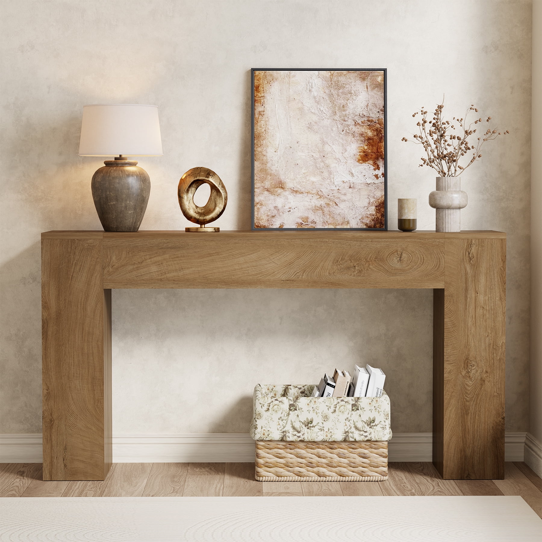 Wood Console Table for Entryway Living Room, 53-Inch Long Sofa Table, Farmhouse Rectangular Accent Console with Wooden Double Base for Behind Couch Hallway Foyer Entrance, Light Oak Brown