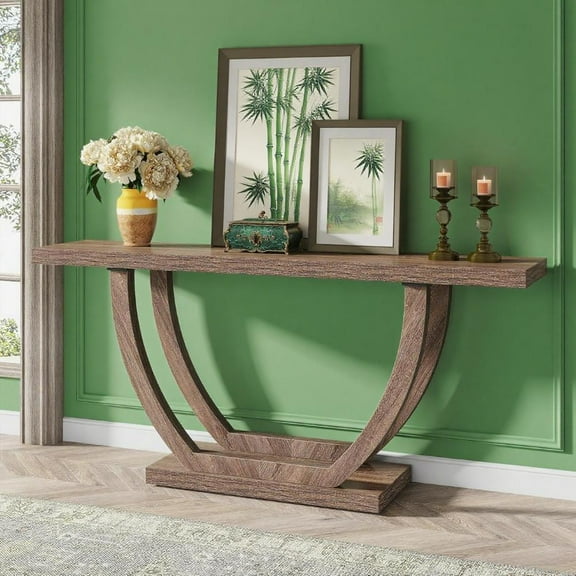 Wood Console Table with Geometric Base, 2-Tier Farmhouse Sofa Table Narrow Long, Thickened Behind Couch Table with Shelves for Living Room Foyer Corridor (Dark Brown)