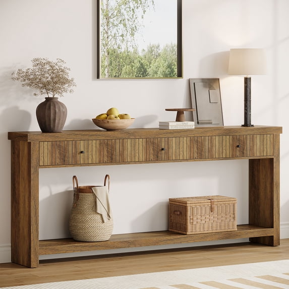 Tribesigns brown wood console sofa table, 70.9 inch entryway table with 3 drawers and open shelves