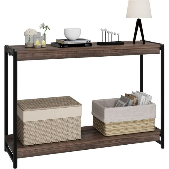 Wood Console Table With Storage, 39.5 Inch Sofa Table With Shelf 2-Tier Narrow Entryway Table Thin Sofa Table, Side Table, Display Table for Hallway, Behind The Couch, Living Room, Foyer, Walnut