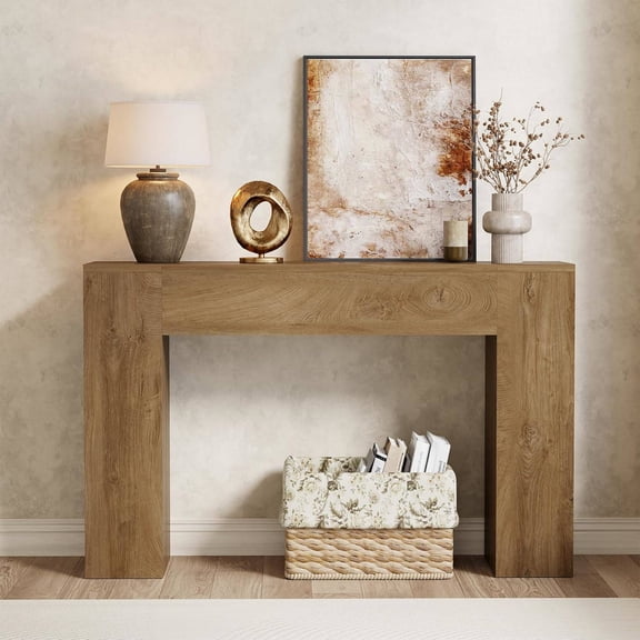 Wood Console Table for Entryway or Living Room, 43-Inch Modern Rectangular Sofa Table with Double Wooden Base, Light Oak Brown
