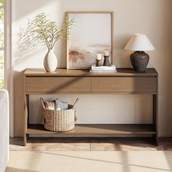 Wood Console Table with Storage Drawers, 55" Entryway Table with Open Shelf, Entry Table Sofa Table for Living Room, Hallway, Entrance, Foyer, Walnut