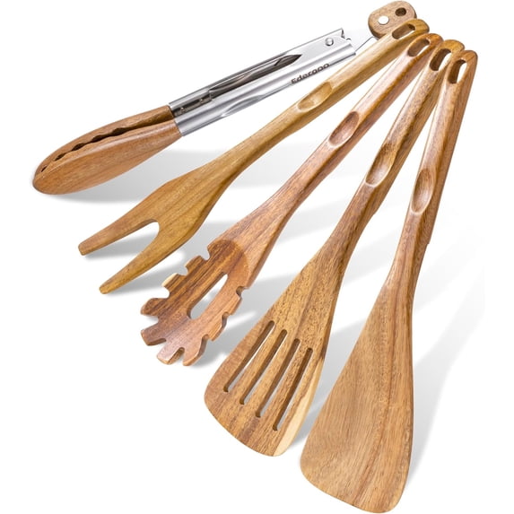 Wood Cooking Utensils Set, 5 PCS Wooden Spoons for Includes Stainless/Wood Kitchen Tongs, Natural Non-Stick Utensil Set with Innovative Finger Groove & Non-Slip Notch Design