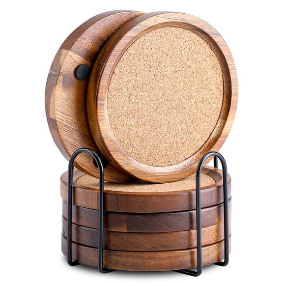 Wood Cork Coasters for Drinks Absorbent with Holder,  Acacia Wood Coaster Sets Rustic Farmhouse for Coffee Table Dining Table Wooden Table Coasters for Desk, Set of 6
