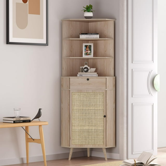 Wood Corner with Handmade Natural Rattan Door and One Drawer