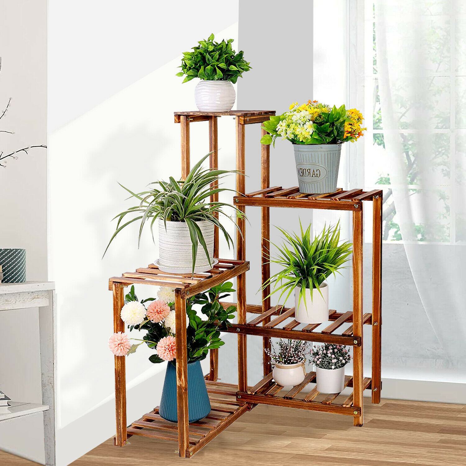 Wood Corner Shelf Plant Stand Indoor Outdoor Potted Holder Planter