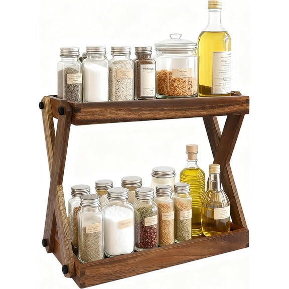 Wood Countertop Organizer, 2 Tier Wooden Shelf for Coffee Bar Accessories, Kitchen Spice Rack Organizer, Condiment Storage Caddy for Home, Office, Bathroom