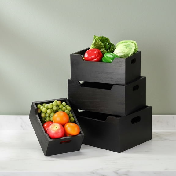 Wood Crates Nesting Storage Baskets Decorative Farmhouse Wooden Organizer Crates Boxes with Open Front and Handle Rustic Nesting Baskets for Fruit Vegetable Kitchen Bathroom (Black)
