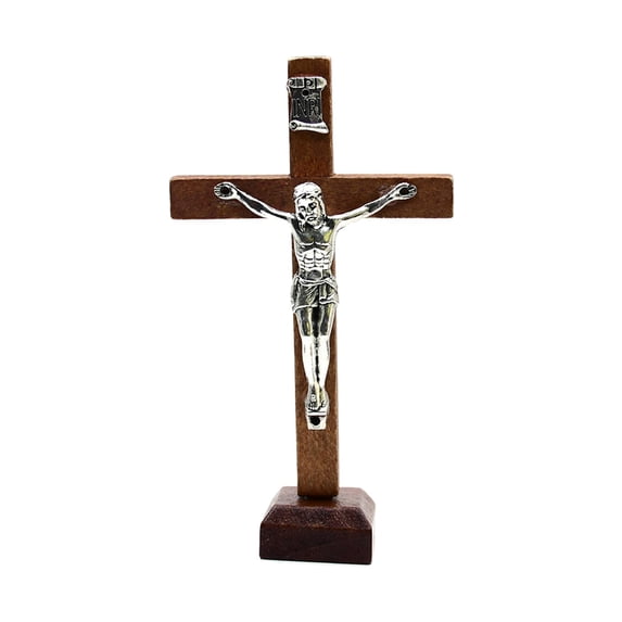 Wood Cross Crucifix jesus Statue Ornament for Shelf Decor Gifts Brown