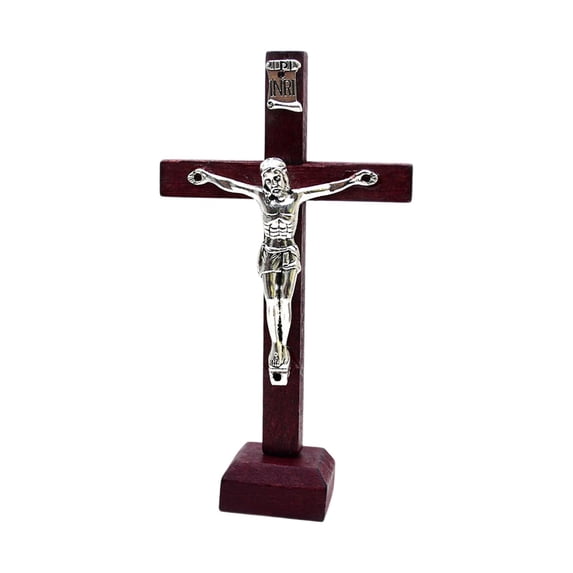 Wood Cross Crucifix jesus Statue Ornament for Shelf Decor Gifts Burgundy