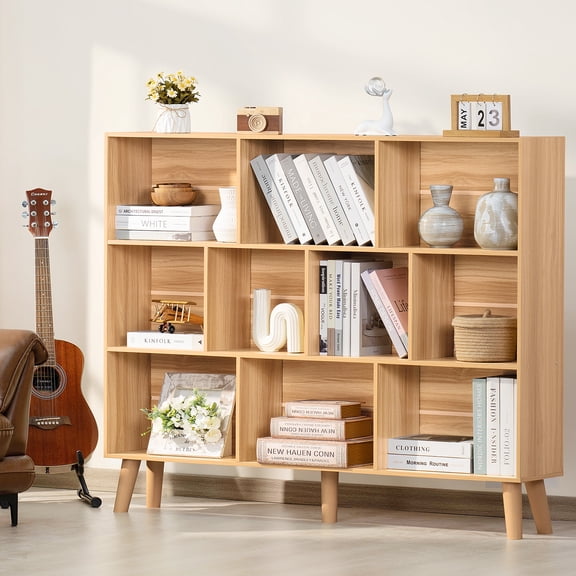 Wood Cube Storage Organizer, 10 Cube Storage Book Shelf, Wooden 3 Tiers Floor Standing Bookcase for Living Room, Bedroom, Home Office, Kids Room