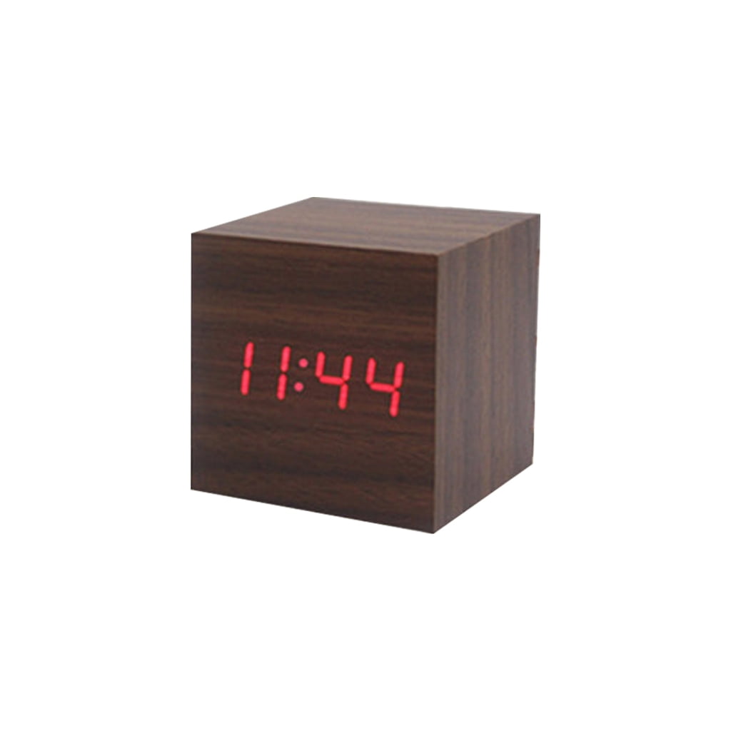 Wood Cube Voice Control Alarm Clock Bedside Table Square Clock
