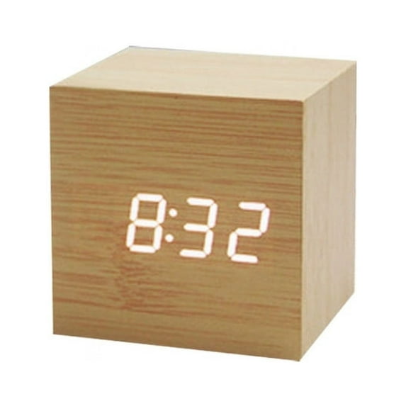 ✪ Wood Cube Voice Control Alarm Clock Bedside Table Square Clock Multipurpose
