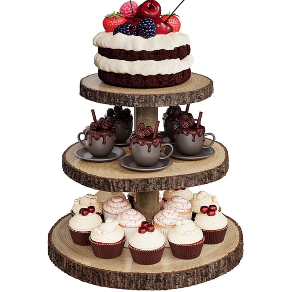 Wood Cupcake Stand, 3 Tier Wooden Cupcake Tower, Large Rustic Cake Display Holder Stand for Woodland Baby Shower, Wedding, Birthday, Tea Party, Farmhouse Dessert Table Decorations