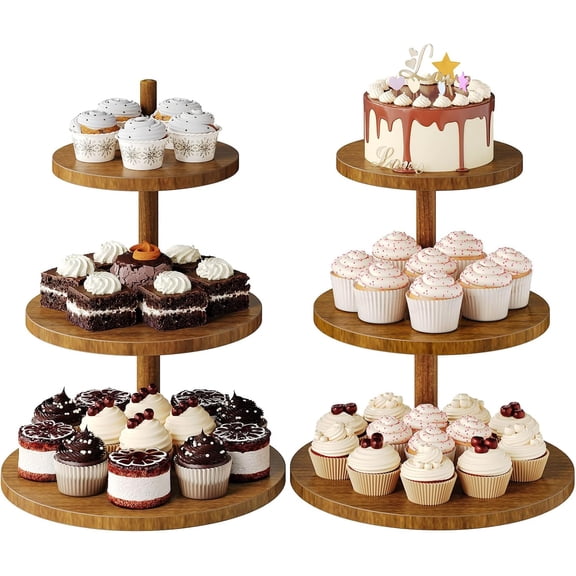 Wood Cupcake Stand, 3 Tiered Serving Tray Cupcake Tower, Rustic Tiered Dessert Stand Cake Stand Tiered Tray Stand for Wedding, Birthday, Home Tea Party, Baby Shower, 2 Pack