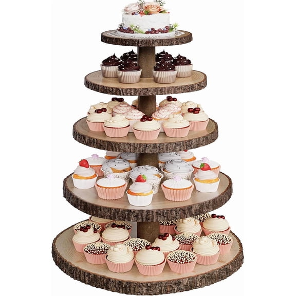 Wood Cupcake Stand, 5 Tier Wooden Cupcake Tower, Large Rustic Cake Display Holder Stand for Woodland Baby Shower, Wedding, Birthday, Tea Party, Farmhouse Dessert Table Decorations