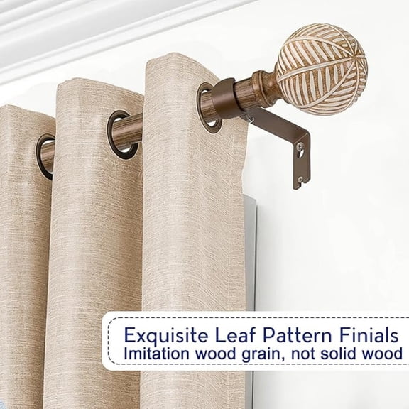 Wood Curtain Rods for Windows: 1 Inch Diameter Adjustable Drapery Rods 72" to 144", 2 Pack Heavy Duty Window Rod with Imitation Wood Grain Leaf Pattern Finials