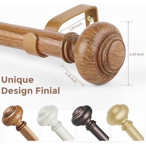 Wood Curtain Rods for Windows 30 to 56 Inch, Boho Vintage Decorative 1 Inch Diameter Wooden Curtain Rod, Adjustable Heavy Duty Rustic Farmhouse Drapery Pole with Imitation Wood Grain Finials