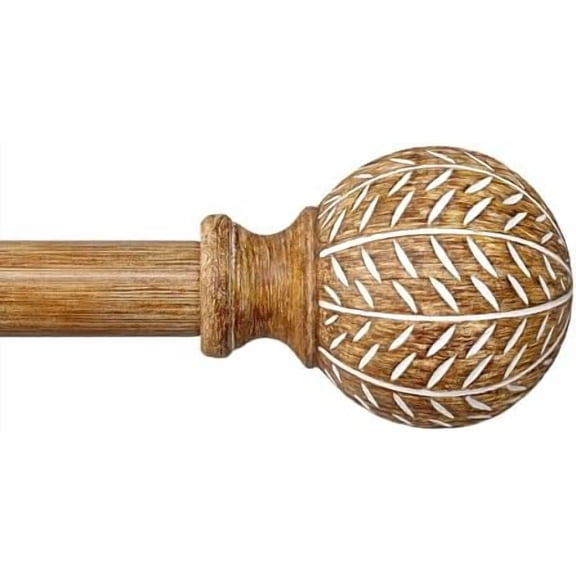 Wood Curtain Rods for Windows 48 to 84 Inch,1'' Diameter Drapery Rods with Imitation Wood Grain Leaf Pattern Finials,Boho Adjustable Heavy Duty Curtain Rods Set,36-88'',Color:Natural Wood