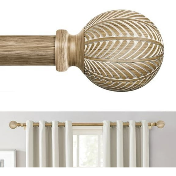 Wood Curtain Rods for Windows 66 to 120 Inch, 1 Inch Diameter Adjustable Drapery Rods with Imitation Wood Grain Finials, Decorative Heavy Duty Window Curtain Rod for Indoor Outdoor