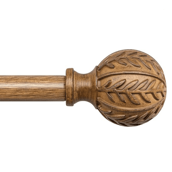 Wood Curtain Rods for Windows 72 to 144 Inch, 1'' Adjustable Drative Drapery Rods with Imitation Wood Grain Leaf Pattern Finials, Boho Heavy Duty Long Window Curtain Rods Set 36''-150''