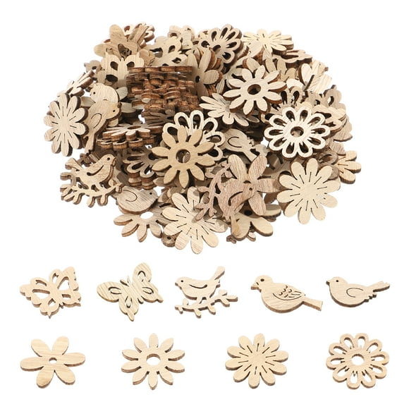 Wood Cutouts, 100pcs Flowers Birds Shape Wooden Slices Unfinished Wood Ornaments for DIY Crafts (Mixed Style)