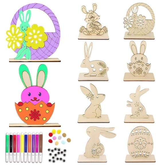 Wood Cutouts for Crafts Unfinished Ornaments DIY with Rabbit to Paint Rabbit Egg DIY Wooden Tabletop Signs Happy Easter Craft Kits Centerpiece Art Signs Table Decorations