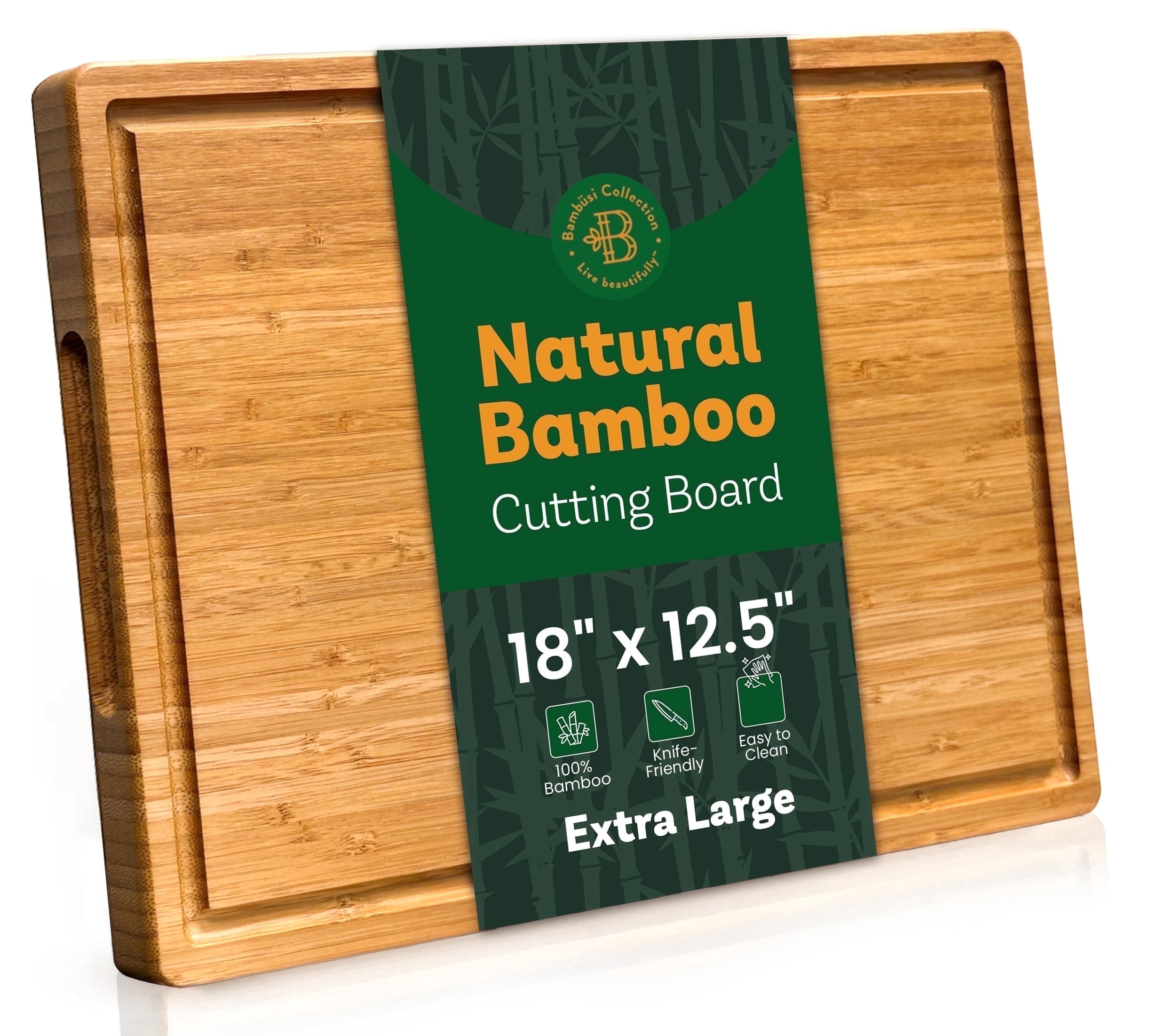 Bambüsi Bamboo Cutting Board 18" x 12.5" Extra Large Chopping Board with Juice Groove and Handles