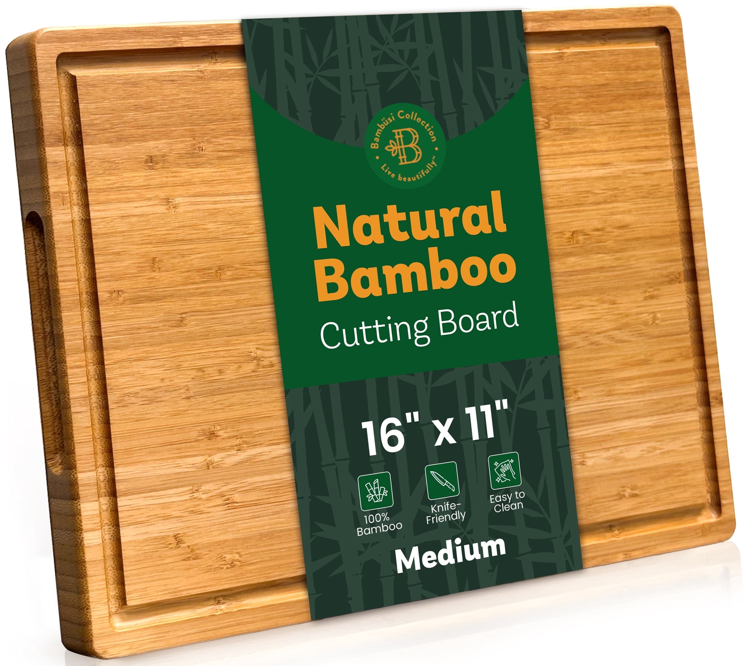 Large Bamboo Cutting Board – Wooden Butcher Block Chopping Board with Side Handles, Cutting Board for Kitchen Meal Prep ( 16" x 11" x 1")