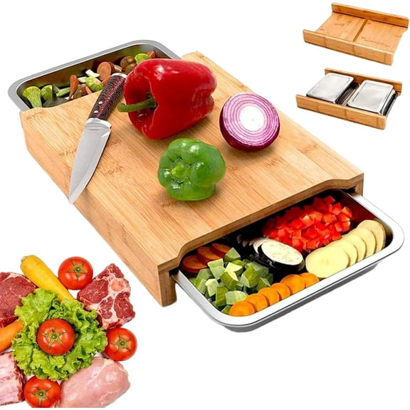Wood Cutting Board with Removable Stainless Steel Trays, Bamboo Butcher Block with Slide Out Drawers, Chopping Board with Catch Trays for Fruits Vegetables, Kitchen Prep Organizer(wwx)